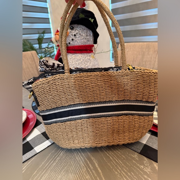 Natural Woven Tote with Black Accents